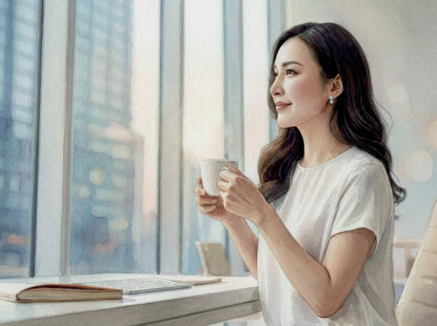 A woman in a Tokyo office, drinking coffee and reflecting on a client's brand story. A conceptual image of designing a logo that will be loved for a long time.
