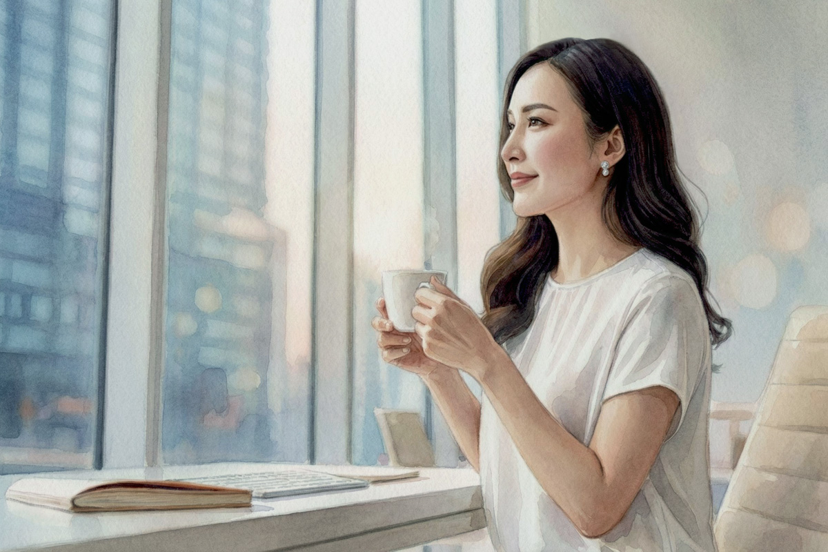 A woman in a Tokyo office, drinking coffee and reflecting on a client's brand story. A conceptual image of designing a logo that will be loved for a long time.