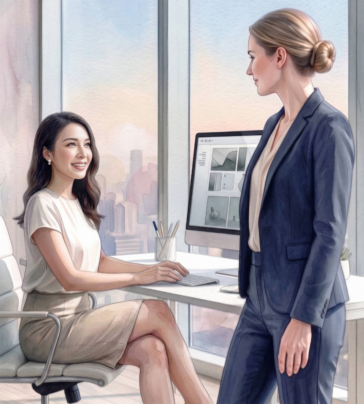 Water color painting of logo and branding design discussion between two women in a modern office environment