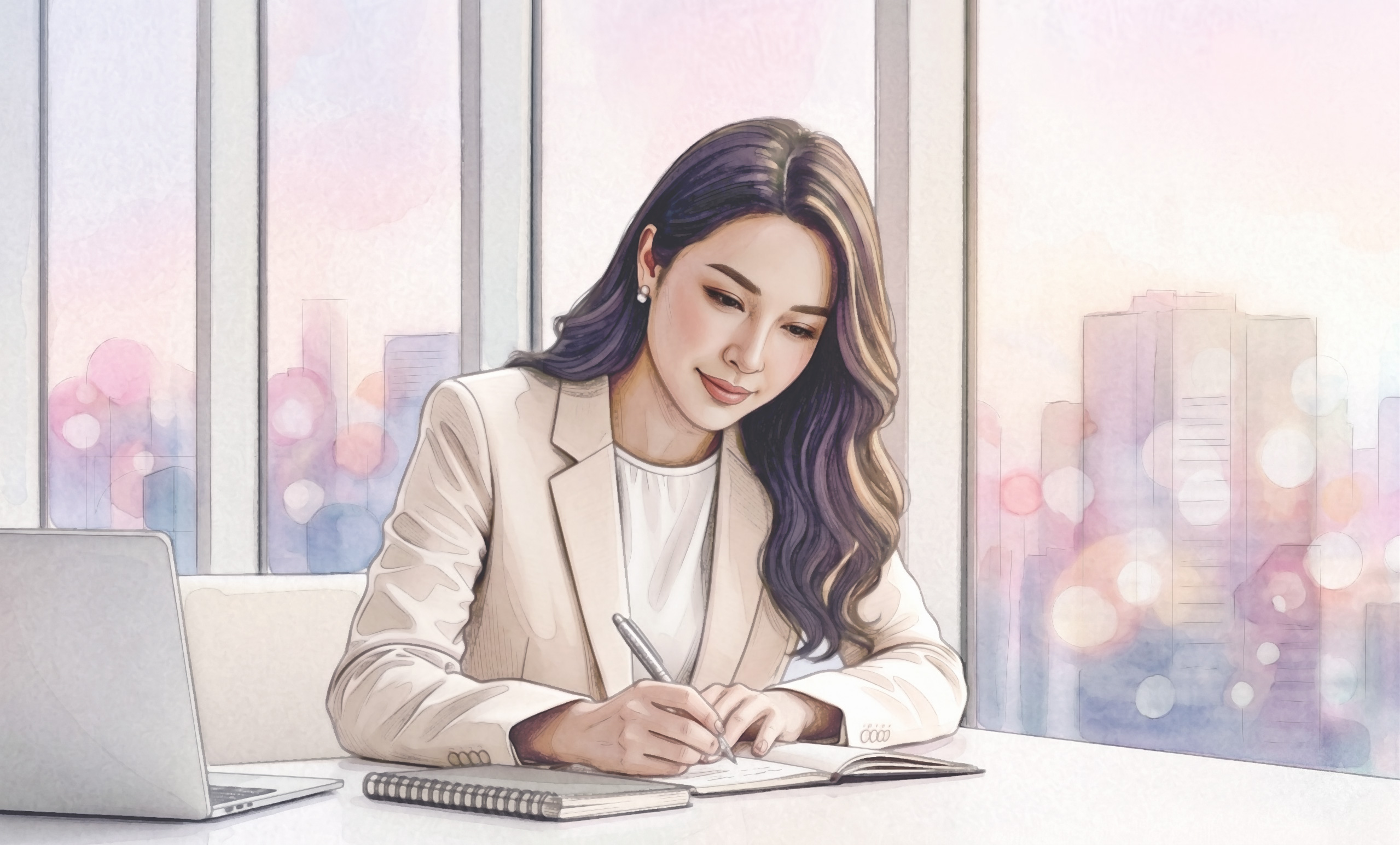 A watercolour painting of a client organising their thoughts and making clear preparations for a logo design project.