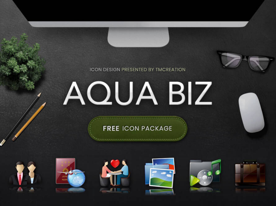 AQUA BIZ icon package by TMCreation featuring six original business themed icons displayed on a desktop workspace