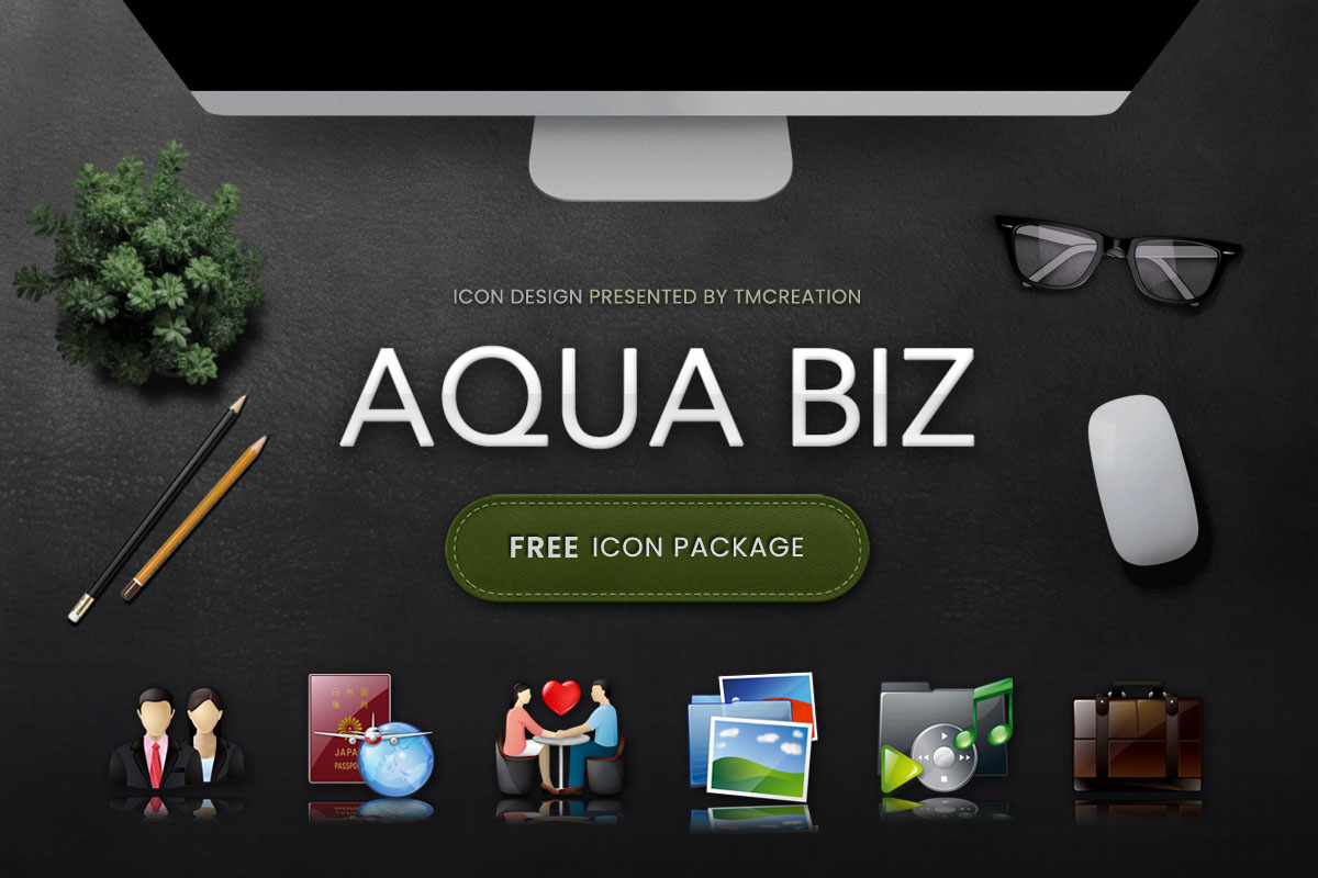 AQUA BIZ icon package by TMCreation featuring six original business themed icons displayed on a desktop workspace