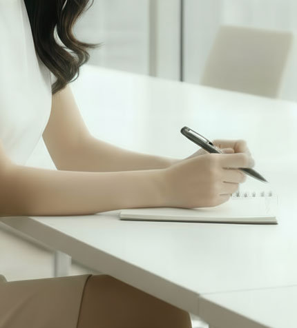 Client writing notes during a website design planning discussion, symbolising thoughtful preparation and project clarity