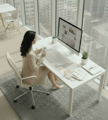 Client working at a computer in a bright modern office, representing organised website design planning and clear workflow