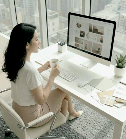 Female client working at a computer in a bright modern office, representing organised website design planning and clear workflow