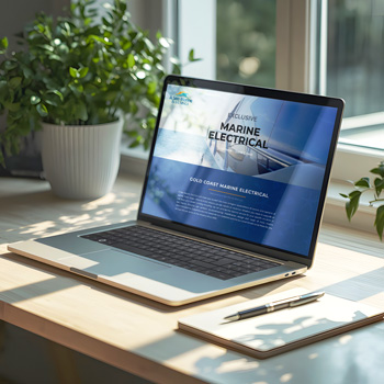 Laptop showing a website in a bright workspace with natural light and greenery, emphasising a calm modern design atmosphere and clear responsive layout