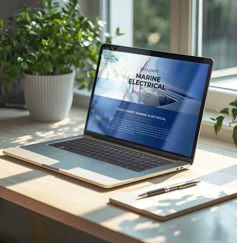 Laptop showing a website in a bright workspace with natural light and greenery, emphasising a calm modern design atmosphere and clear responsive layout