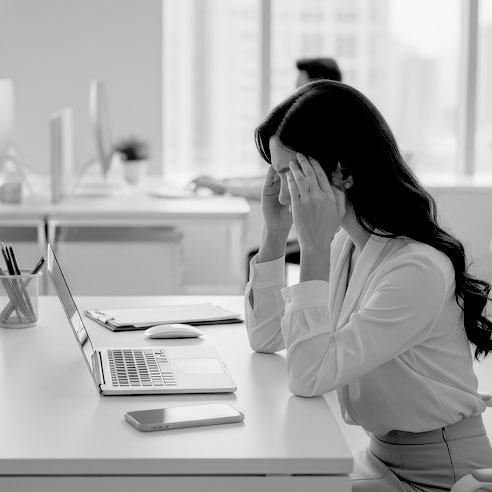 A client sitting at a desk holding their head in frustration while facing website problems caused by missing updates or plugin errors