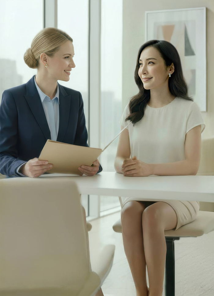 Professional logo and branding design consultation between two women in a modern office environment at TMCreation