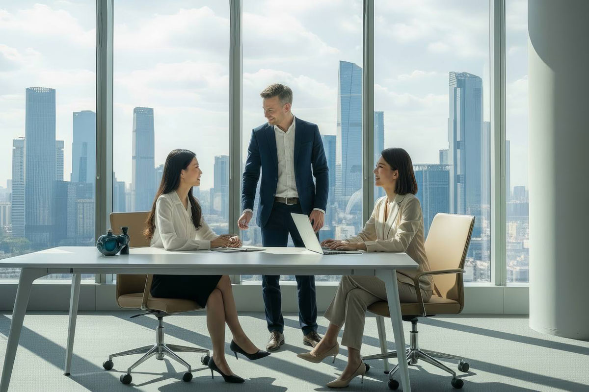 Team meeting in a high rise office preparing content and design for the Japanese market