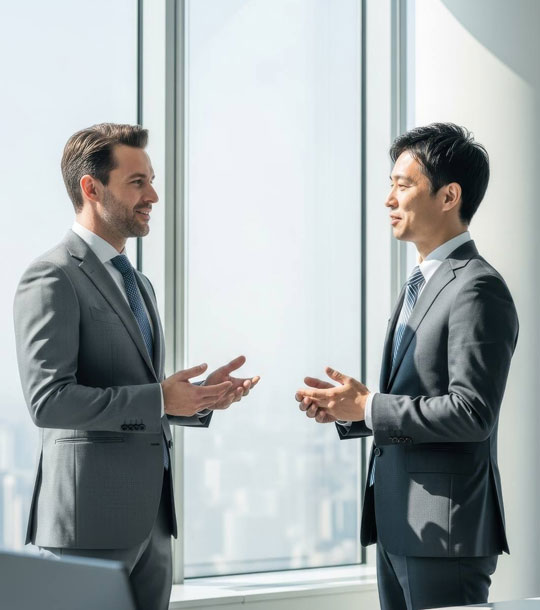 International and Japanese professionals discussing localisation requirements in an office