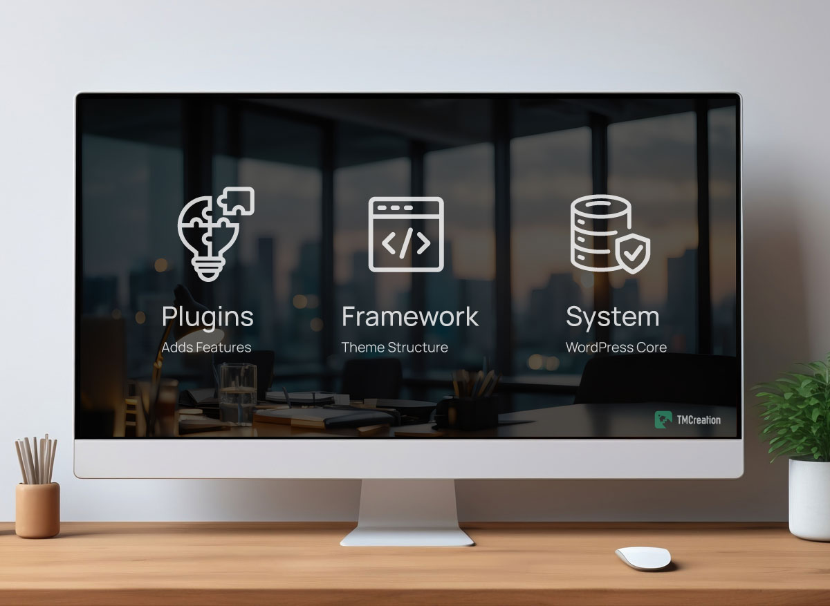 Illustration of WordPress plugins framework and system core shown on a desktop monitor to explain ongoing website maintenance