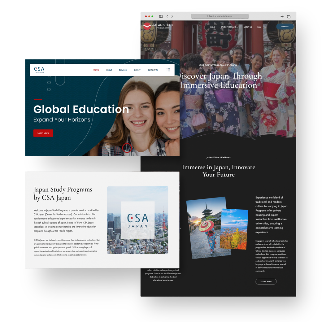 Collage of modern website layouts featuring clean typography, bold colour sections, and visually rich imagery, presented as a TMCreation web design showcase