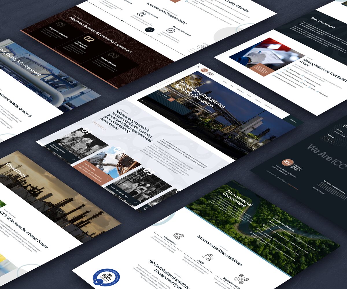 Collage of industrial themed website layouts featuring clean grids, dark charcoal backgrounds, metallic blue tones, and structured visual elements that reflect a professional corporate style created by TMCreation