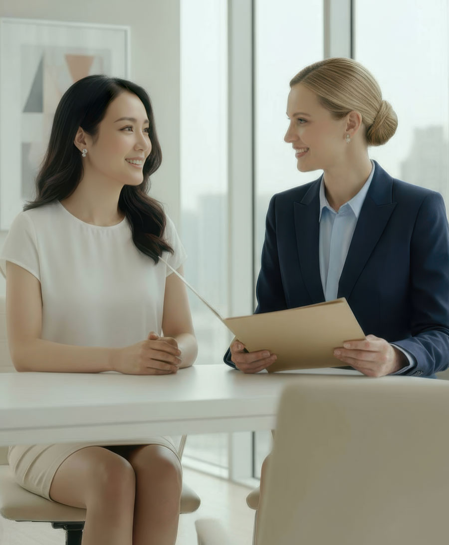 Professional design consultation between two women in a modern office environment representing TMCreation’s branding and web design services