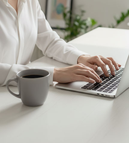 Hands typing on a laptop while working on creative tasks at TMCreation