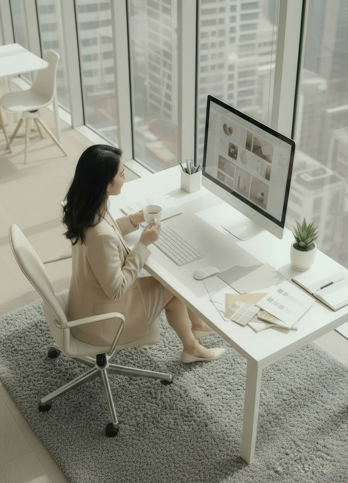 Woman working at a modern desk reviewing design concepts on a screen, representing TMCreation’s collaborative branding and web design process