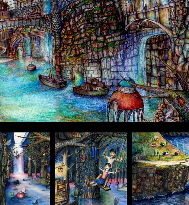 Highly detailed fantasy style illustration showing tree forms and hidden dwellings, highlighting the designer’s creative imagination and careful craftsmanship