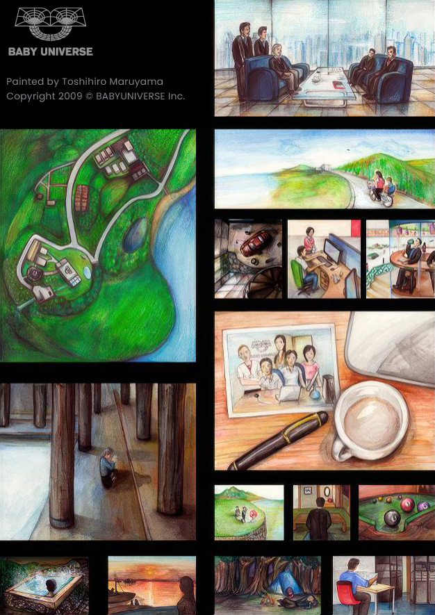 Collage of hand drawn illustrations featuring expressive colours, fine detailing, and imaginative scenes, reflecting the designer’s creative background and attention to detail