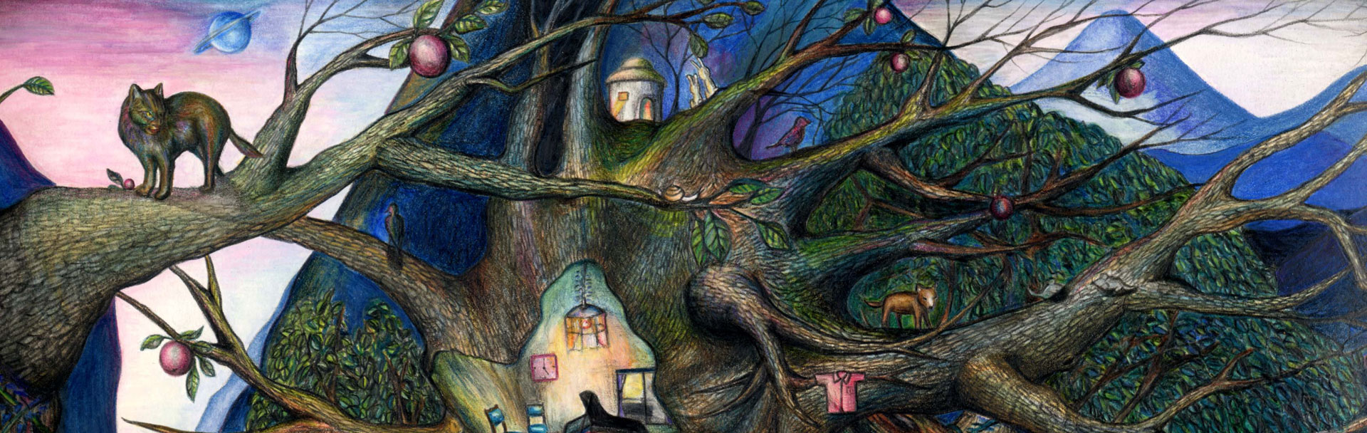 Detailed imaginative illustration featuring a large tree and small houses, reflecting the designer’s creative approach and attention to detail