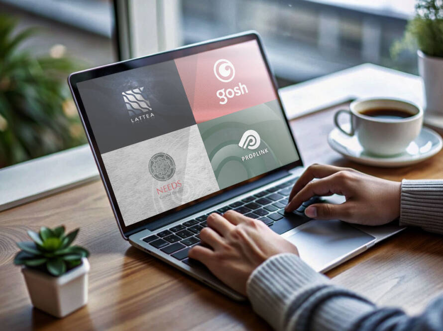 Four logo concept designs showing different identity ideas created by TMCreation