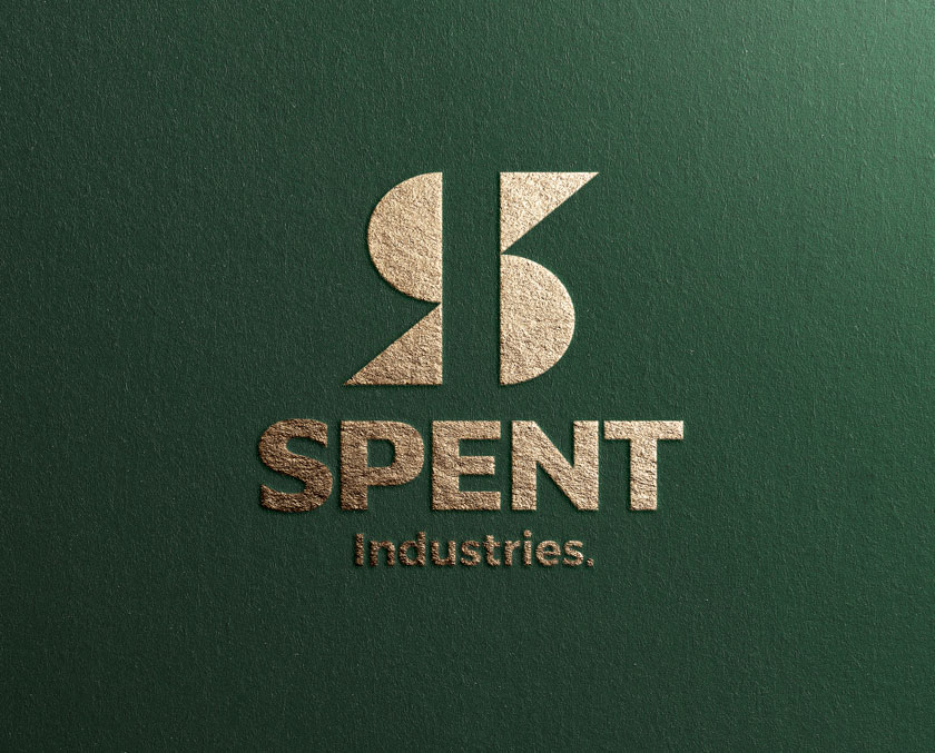 Gold embossed logo on dark green textured background representing premium logo design by TMCreation