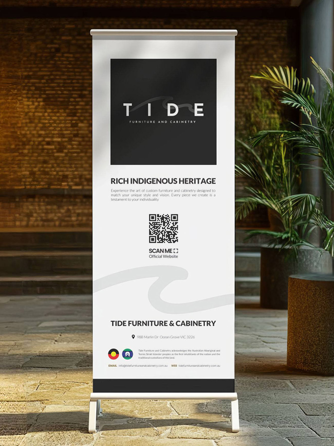 A Furniture and Cabinetry branding banner designed by TMCreation, displayed in a warm indoor setting with plants