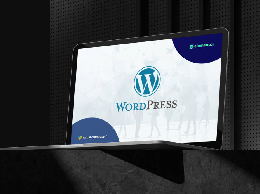A modern laptop displaying the WordPress logo alongside Elementor and Visual Composer icons, representing a professional and stable CMS platform used for global standard business website development.