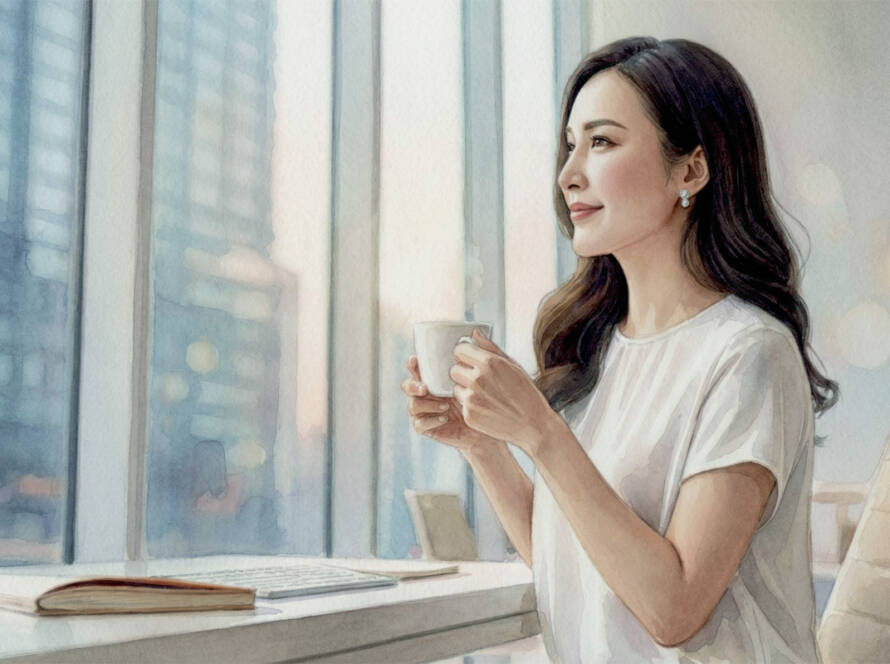 東京のオフィスでコーヒーを飲みながら、クライアントのブランドストーリーに想いを馳せる女性。長く愛されるロゴデザインの構想イメージ。