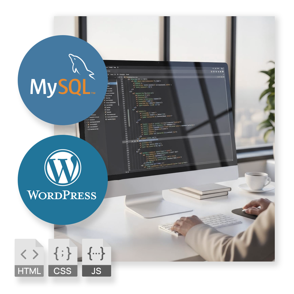WordPressやMySQLを使用したウェブサイトの保守・管理とテクニカルサポート。専門スタッフによるコーディング・メンテナンス作業風景。
