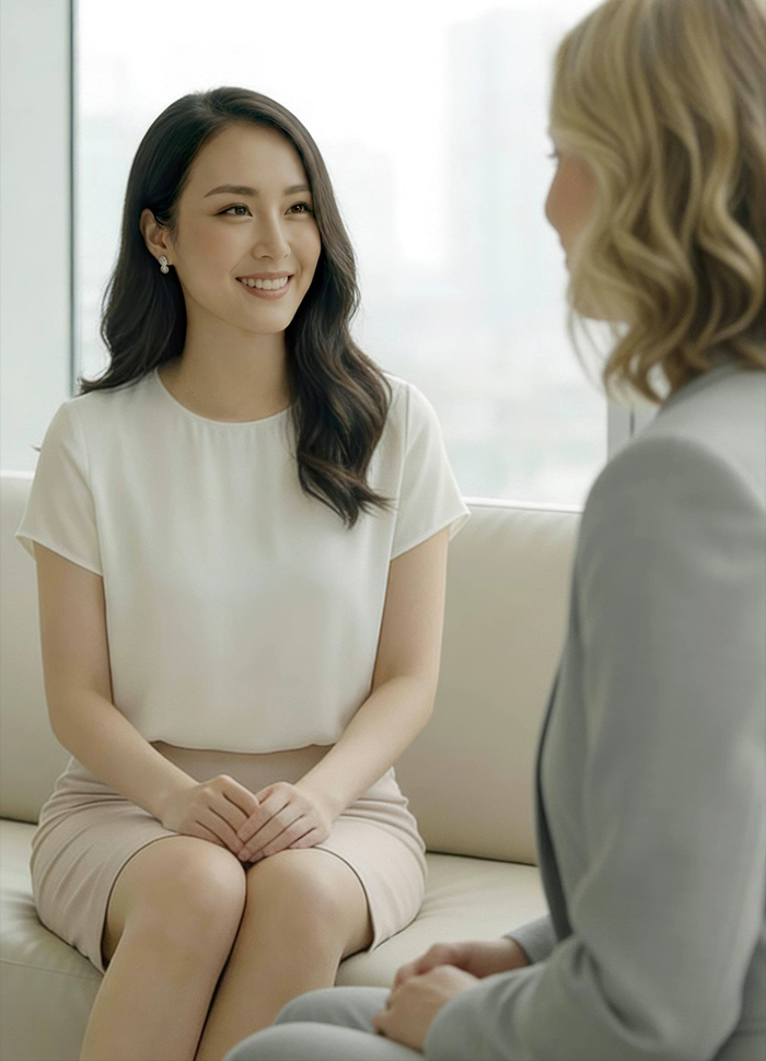 TMCreationのモダンなオフィスで、プロフェッショナルなロゴ・ブランディングのデザイン相談を行う2人の女性。