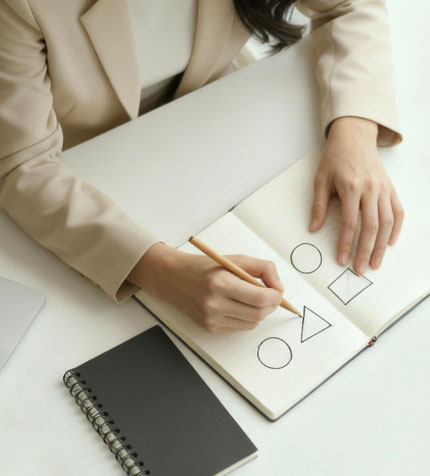 TMCreationによるロゴマークデザイン・ブランディングのプランニング工程。戦略的な思考をノートに記録し、高品質なロゴデザインへと昇華させるクリエイティブな制作プロセス。