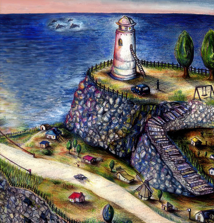 TMCreationによる幻想的な灯台のイラスト。テクスチャ豊かな風景と物語性を感じさせる描写が、デザイナーの芸術的ルーツと繊細な表現力を象徴しています。