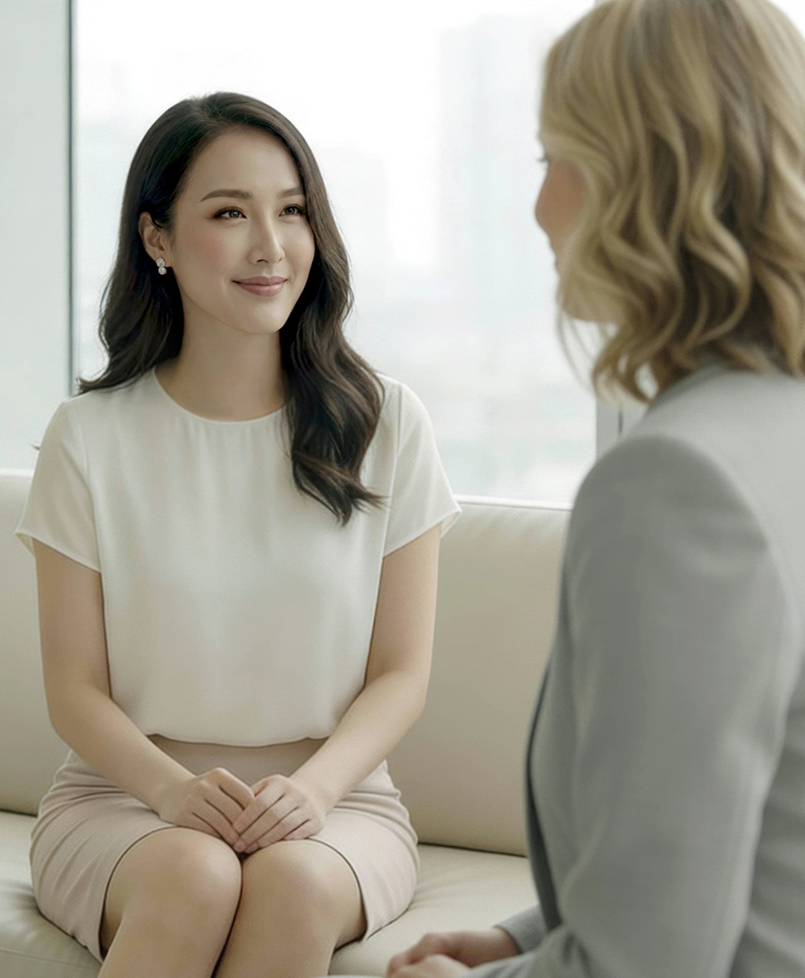 TMCreationのモダンなオフィスで、プロフェッショナルなWebサイトデザイン相談を行う2人の女性