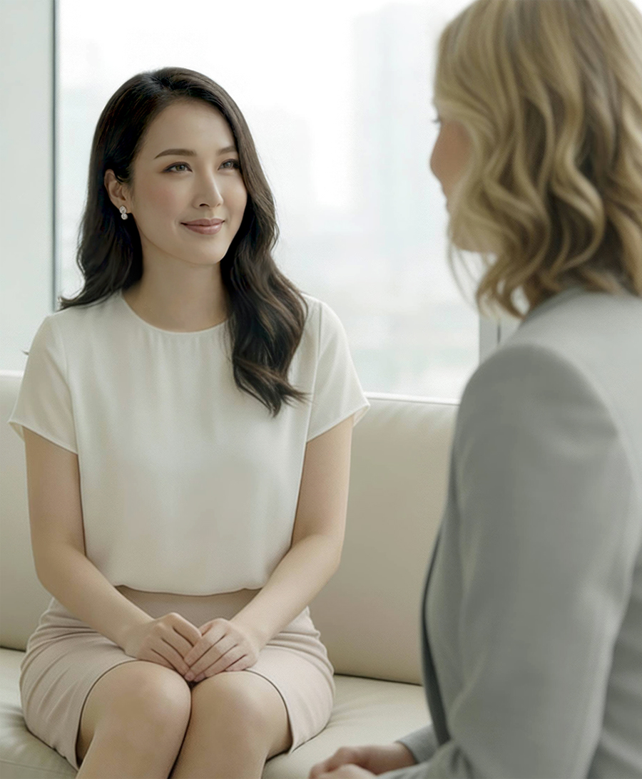 TMCreationのモダンなオフィスで、プロフェッショナルなロゴデザインやWebサイトデザイン相談を行う2人の女性